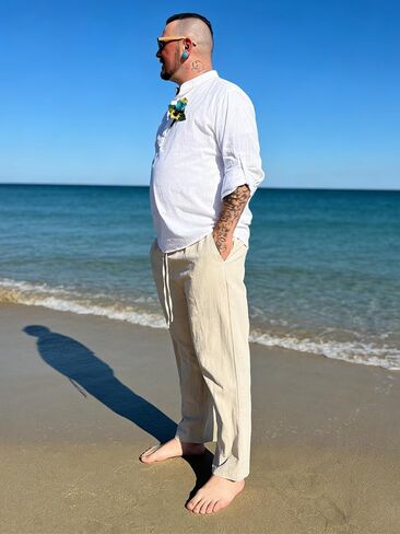 Men's Linen Pants Casual Loose Fit Cotton Trousers with Elastic Drawstring Waist Summer Beach Lightweight Pants in Saudi Arabia