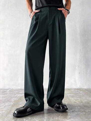 Mens Casual Dress Pants Wide Leg Baggy Pants Pleated Old Money Vintage Relaxed Fit Slacks Work Office Trousers in Kuwait