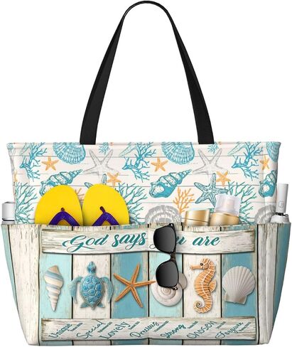 Large Waterproof Sandproof Beach Tote Bag for Women with Zipper & 7 Pockets, Lightweight Foldable Pool Swim Bag in Kuwait