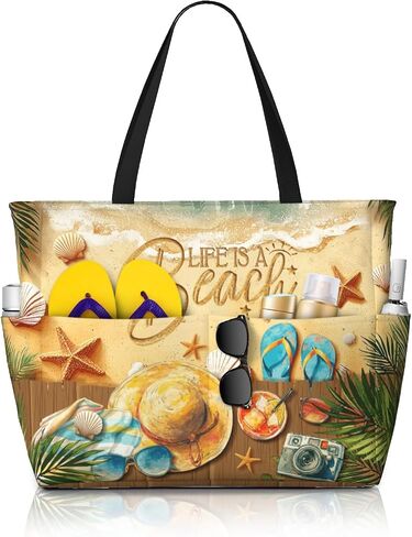 Large Waterproof Sandproof Beach Tote Bag for Women with Zipper & 7 Pockets, Lightweight Foldable Pool Swim Bag in Kuwait