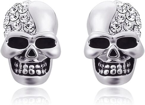 Gothic Skull Stud/Huggie/Clip-On Earrings | Silver Black Surgical Stainless Steel Earrings | Punk Rock Ear Piercing Skeleton Halloween Jewelry | Screw Back in Saudi Arabia