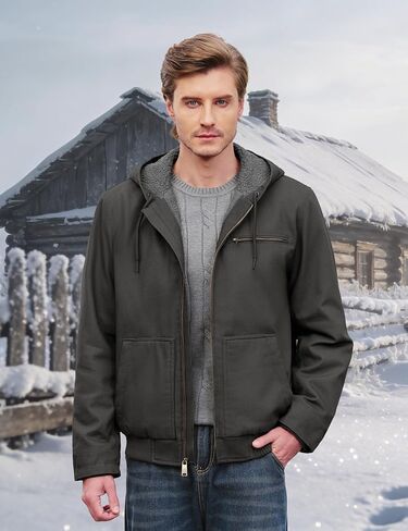 Cotrasen Men's Work Jacket Waterproof Duck Canvas Sherpa Lined Thermal Warm Winter Hooded Coat with Multiple Pockets in Kuwait