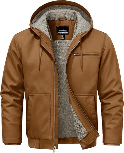 Cotrasen Men's Work Jacket Waterproof Duck Canvas Sherpa Lined Thermal Warm Winter Hooded Coat with Multiple Pockets in Kuwait