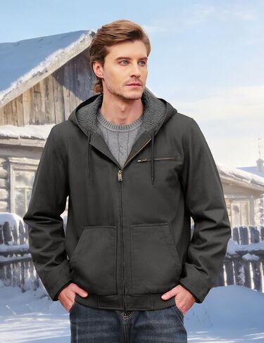 Cotrasen Men's Work Jacket Waterproof Duck Canvas Sherpa Lined Thermal Warm Winter Hooded Coat with Multiple Pockets in Kuwait