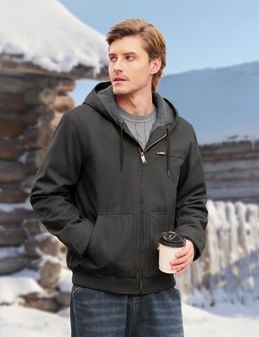 Cotrasen Men's Work Jacket Waterproof Duck Canvas Sherpa Lined Thermal Warm Winter Hooded Coat with Multiple Pockets in Kuwait