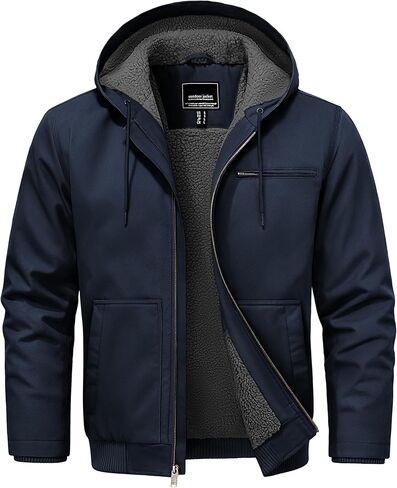 Cotrasen Men's Work Jacket Waterproof Duck Canvas Sherpa Lined Thermal Warm Winter Hooded Coat with Multiple Pockets in Kuwait