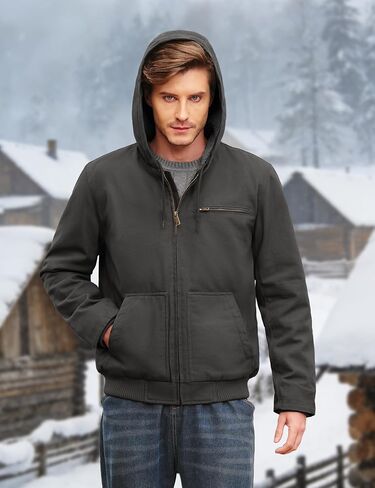 Cotrasen Men's Work Jacket Waterproof Duck Canvas Sherpa Lined Thermal Warm Winter Hooded Coat with Multiple Pockets in Kuwait