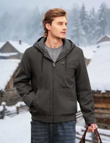 Cotrasen Men's Work Jacket Waterproof Duck Canvas Sherpa Lined Thermal Warm Winter Hooded Coat with Multiple Pockets in Kuwait