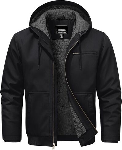 Cotrasen Men's Work Jacket Waterproof Duck Canvas Sherpa Lined Thermal Warm Winter Hooded Coat with Multiple Pockets in Kuwait