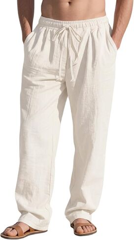 Men's Linen Pants Casual Loose Fit Cotton Trousers with Elastic Drawstring Waist Summer Beach Lightweight Pants in Saudi Arabia