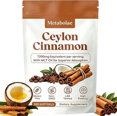 Metabolae Ceylon Cinnamon Extract Capsules with MCT Oil, 300 Softgels, 12:1 High Potency Extract, True Cinnamon Supplements, Non-GMO & Gluten Free, Easy-to-Swallow, Vegan Friendly in Kuwait