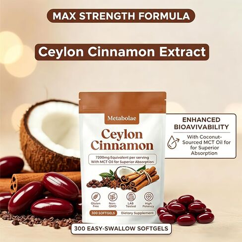 Metabolae Ceylon Cinnamon Extract Capsules with MCT Oil, 300 Softgels, 12:1 High Potency Extract, True Cinnamon Supplements, Non-GMO & Gluten Free, Easy-to-Swallow, Vegan Friendly in Kuwait