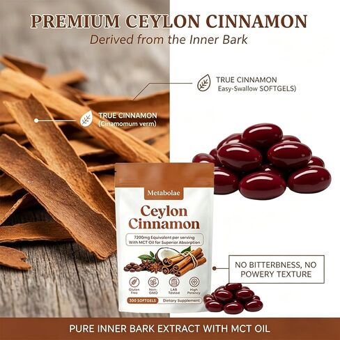 Metabolae Ceylon Cinnamon Extract Capsules with MCT Oil, 300 Softgels, 12:1 High Potency Extract, True Cinnamon Supplements, Non-GMO & Gluten Free, Easy-to-Swallow, Vegan Friendly in Kuwait
