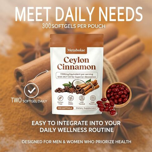 Metabolae Ceylon Cinnamon Extract Capsules with MCT Oil, 300 Softgels, 12:1 High Potency Extract, True Cinnamon Supplements, Non-GMO & Gluten Free, Easy-to-Swallow, Vegan Friendly in Kuwait