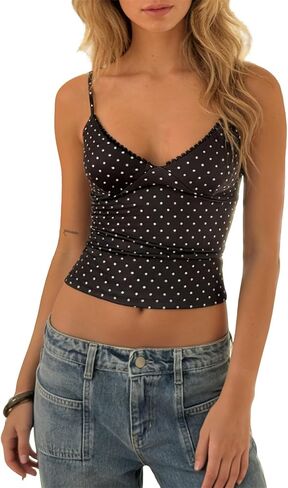 Women Lace Trim Tank Tops Y2k Polka Dot Sleeveless Backless V Neck Cropped Camisole Cute Summer Going Out Streetwear in Saudi Arabia