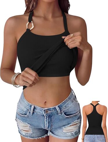 OwnTime Womens Built in Bra Tank Tops Padded Summer Sleeveless Square Neck Racerback Shirts Ribbed Fitted Basic Tops in Saudi Arabia
