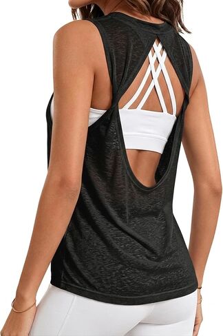 Remidoo Women's Open Back Workout Tank Tops Mesh Sheer Sleeveless Twist Athletic Gym Shirts in Kuwait