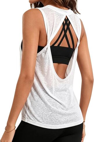 Remidoo Women's Open Back Workout Tank Tops Mesh Sheer Sleeveless Twist Athletic Gym Shirts in Kuwait