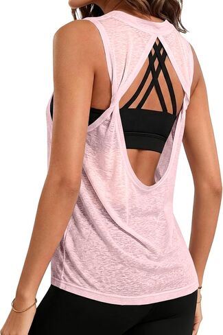Remidoo Women's Open Back Workout Tank Tops Mesh Sheer Sleeveless Twist Athletic Gym Shirts in Kuwait
