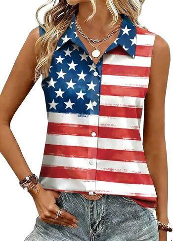 ELDPS American Flag Tank Top Women: 4th of July Sleeveless T-Shirts USA Stars Stripes Patriotic Button Down Tops in Kuwait
