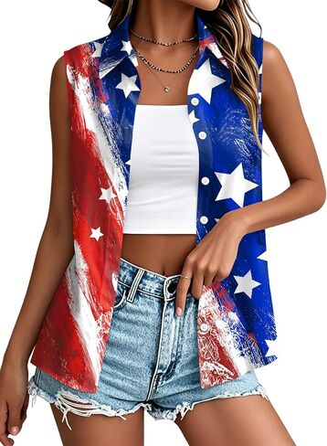 ELDPS American Flag Tank Top Women: 4th of July Sleeveless T-Shirts USA Stars Stripes Patriotic Button Down Tops in Kuwait