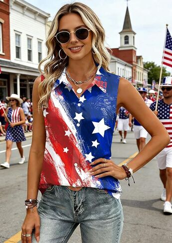 ELDPS American Flag Tank Top Women: 4th of July Sleeveless T-Shirts USA Stars Stripes Patriotic Button Down Tops in Kuwait
