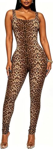 Women's One Piece Black Bodycon Jumpsuits - Sleeveless Backless Leopard Print Summer Workout Rompers Club Outfits Catsuits in Saudi Arabia