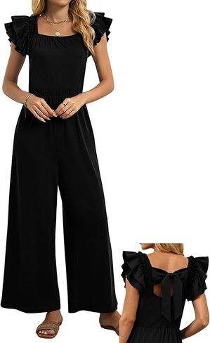Womens Jumpsuits Bow Tie Back Ruffle Cap Sleeve Casual Wide Leg Romper Beach Vacation One Piece Summer Outfits in Saudi Arabia