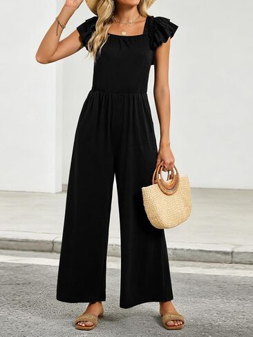 Womens Jumpsuits Bow Tie Back Ruffle Cap Sleeve Casual Wide Leg Romper Beach Vacation One Piece Summer Outfits in Saudi Arabia