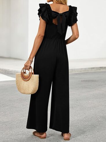 Womens Jumpsuits Bow Tie Back Ruffle Cap Sleeve Casual Wide Leg Romper Beach Vacation One Piece Summer Outfits in Saudi Arabia