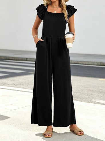 Womens Jumpsuits Bow Tie Back Ruffle Cap Sleeve Casual Wide Leg Romper Beach Vacation One Piece Summer Outfits in Saudi Arabia