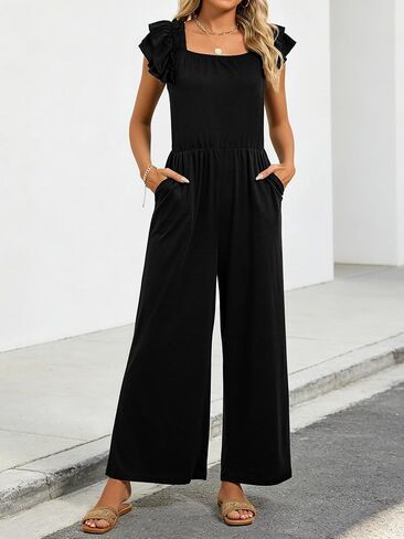Womens Jumpsuits Bow Tie Back Ruffle Cap Sleeve Casual Wide Leg Romper Beach Vacation One Piece Summer Outfits in Saudi Arabia