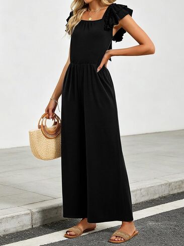 Womens Jumpsuits Bow Tie Back Ruffle Cap Sleeve Casual Wide Leg Romper Beach Vacation One Piece Summer Outfits in Saudi Arabia