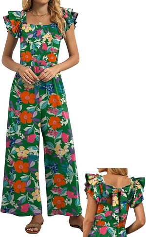 Womens Jumpsuits Bow Tie Back Ruffle Cap Sleeve Casual Wide Leg Romper Beach Vacation One Piece Summer Outfits in Saudi Arabia