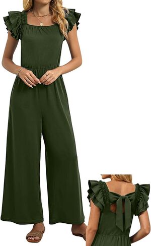 Womens Jumpsuits Bow Tie Back Ruffle Cap Sleeve Casual Wide Leg Romper Beach Vacation One Piece Summer Outfits in Saudi Arabia