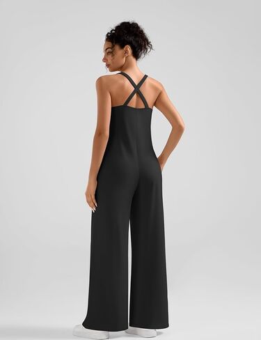 EUYZOU Women Jumpsuits Casual One Piece Cross-Back Overalls Summer Outfits Wide Leg Pants Romper with Pockets Beach Vacation in Saudi Arabia