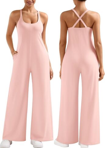 EUYZOU Women Jumpsuits Casual One Piece Cross-Back Overalls Summer Outfits Wide Leg Pants Romper with Pockets Beach Vacation in Saudi Arabia