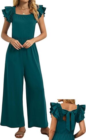 Womens Jumpsuits Bow Tie Back Ruffle Cap Sleeve Casual Wide Leg Romper Beach Vacation One Piece Summer Outfits in Saudi Arabia