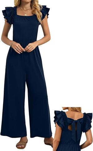 Womens Jumpsuits Bow Tie Back Ruffle Cap Sleeve Casual Wide Leg Romper Beach Vacation One Piece Summer Outfits in Saudi Arabia