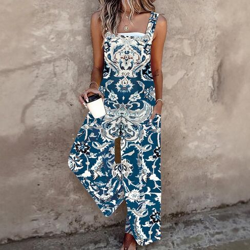 Women's Blue White Floral Print Sleeveless Wide Leg Jumpsuit with Pockets in Kuwait