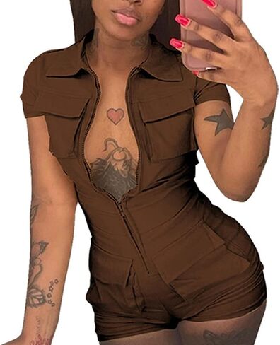 Women Sexy Zip up Jumpsuits Lapel Neck Short Sleeve Bodycon Shorts Romper with Pockets in Saudi Arabia