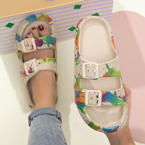 Women Tie-Dye Double Buckle Thick Platform Slides Soft EVA Cushioned Sandals for Beach Pool & Casual Wear in Kuwait