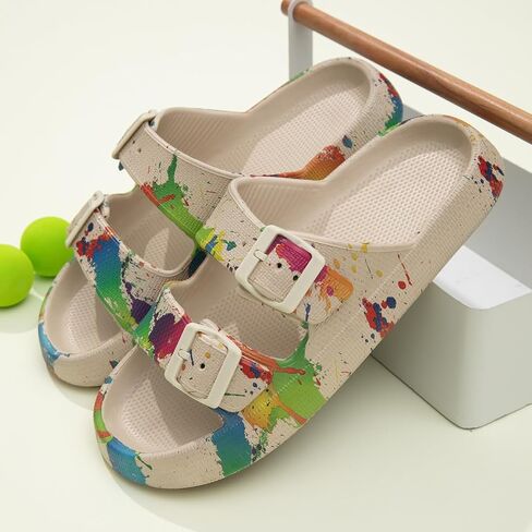 Women Tie-Dye Double Buckle Thick Platform Slides Soft EVA Cushioned Sandals for Beach Pool & Casual Wear in Kuwait