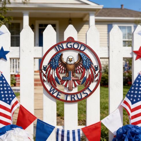 13 Inch Eagle Decor Outdoor 4th of July Independence Day Metal Wreath Patriotic American God Bless Eagle Sign for Front Door Porch Yard Blue Red White Decoration Wall Art Decor in Saudi Arabia