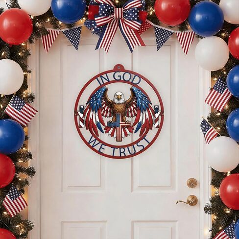 13 Inch Eagle Decor Outdoor 4th of July Independence Day Metal Wreath Patriotic American God Bless Eagle Sign for Front Door Porch Yard Blue Red White Decoration Wall Art Decor in Saudi Arabia