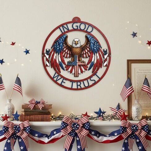13 Inch Eagle Decor Outdoor 4th of July Independence Day Metal Wreath Patriotic American God Bless Eagle Sign for Front Door Porch Yard Blue Red White Decoration Wall Art Decor in Saudi Arabia