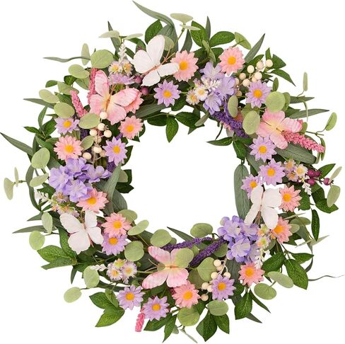22 Inch Spring Summer Floral Wreath, Pink Purple Daisy Wreath with Butterflies and Eucalyptus Leaves, Front Door Farmhouse Decor for Indoor Outdoor All Seasons in Saudi Arabia