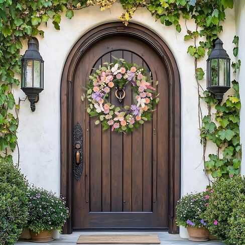 22 Inch Spring Summer Floral Wreath, Pink Purple Daisy Wreath with Butterflies and Eucalyptus Leaves, Front Door Farmhouse Decor for Indoor Outdoor All Seasons in Saudi Arabia