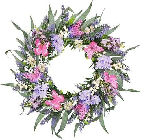 22 Inch Spring Summer Floral Wreath, Pink Purple Daisy Wreath with Butterflies and Eucalyptus Leaves, Front Door Farmhouse Decor for Indoor Outdoor All Seasons in Saudi Arabia