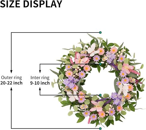 22 Inch Spring Summer Floral Wreath, Pink Purple Daisy Wreath with Butterflies and Eucalyptus Leaves, Front Door Farmhouse Decor for Indoor Outdoor All Seasons in Saudi Arabia